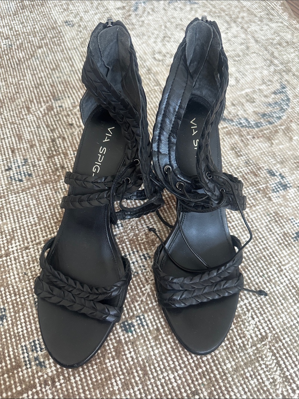 Via Spiga Black Braided Lace-Up Heels